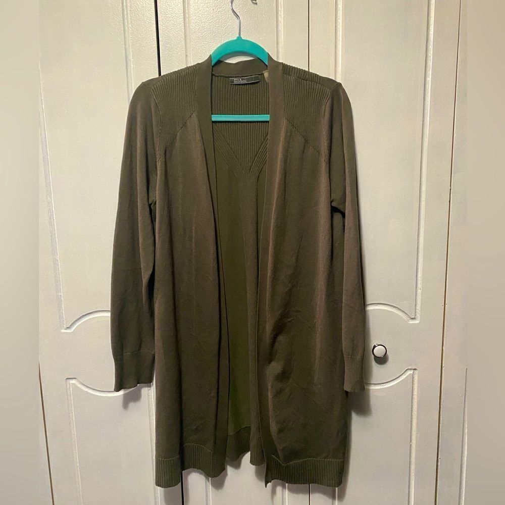 89th & Madison Lightweight Open-Front Longline Sweater. Olive Green. Size L